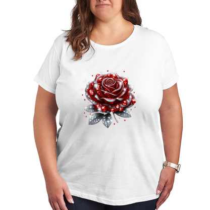 Sparkling Rhinestone Glitter Red Rose Black Plus Size Women¡¯s Printed T-Shirt