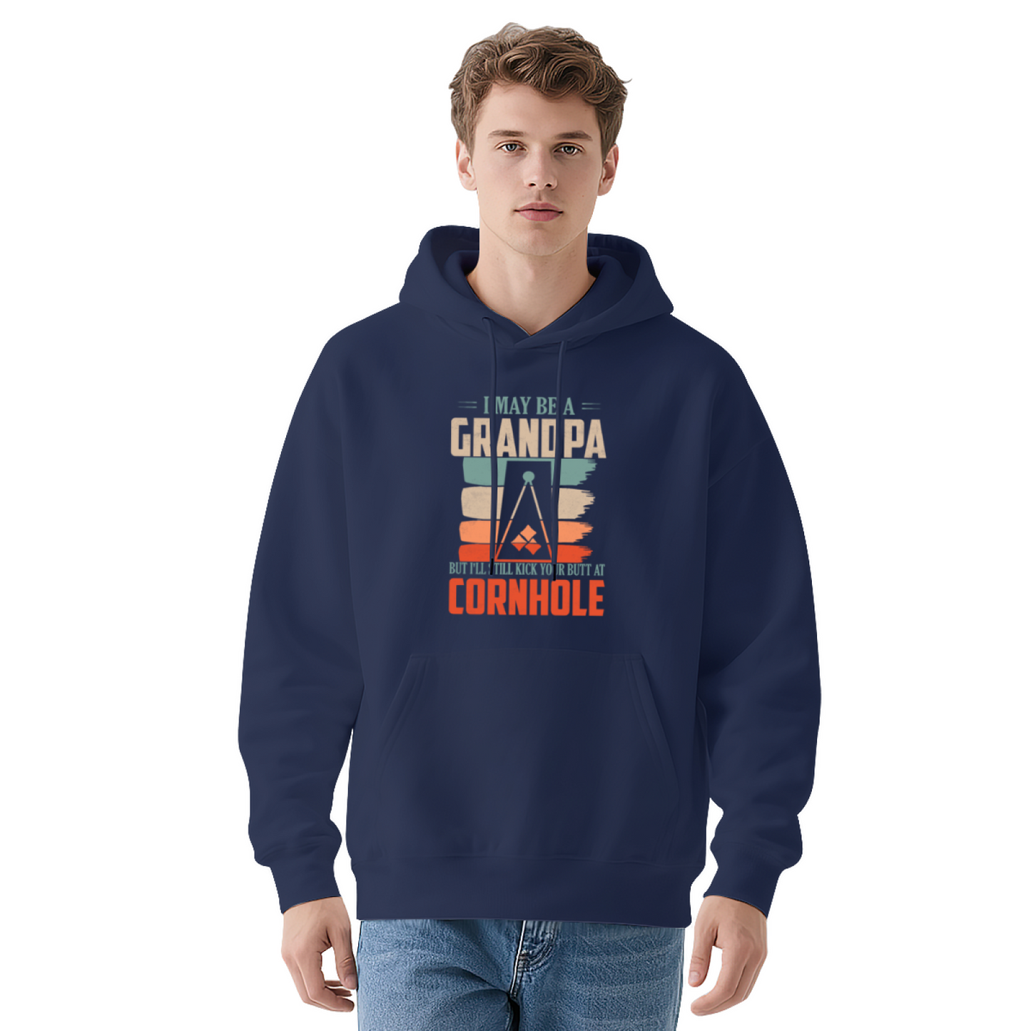 Retro Grandpa Cornhole Game Navy Hoodie, Unisex Family Leisure Soft Top