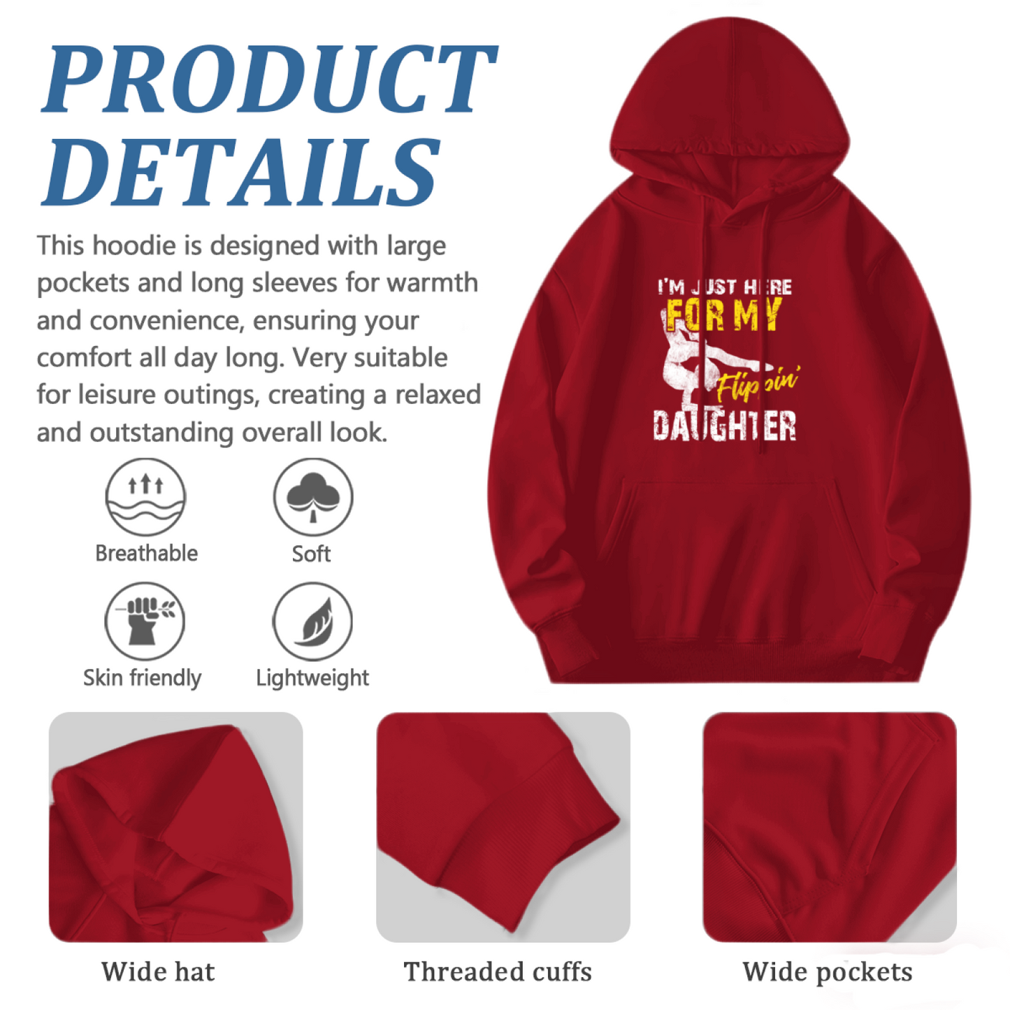 I¡¯m Just Here For My Flipin Daughter Gymnast Red Hoodie, Dad Cozy Proud Top