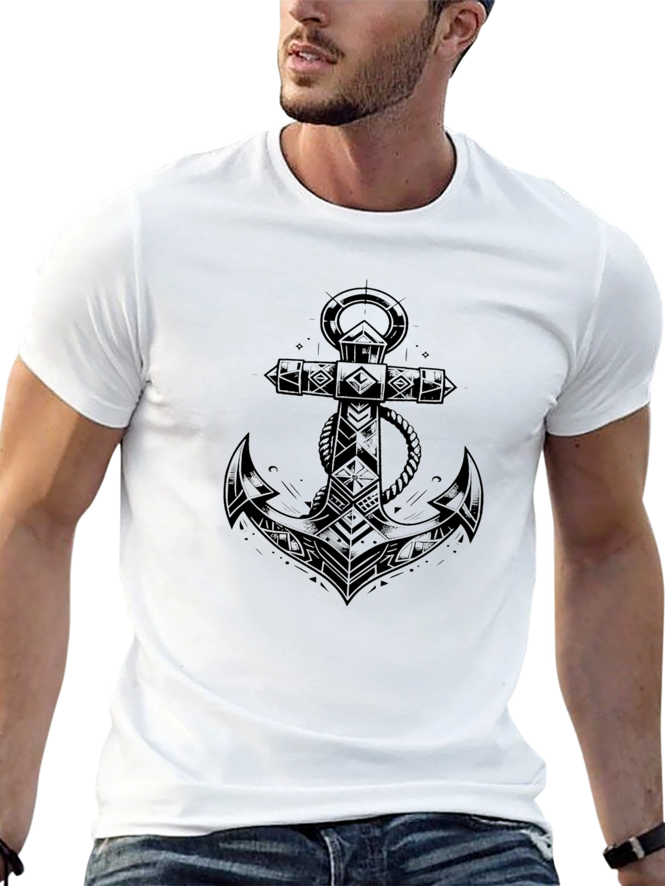Mens Black Anchor Graphic Tee - Nautical Design