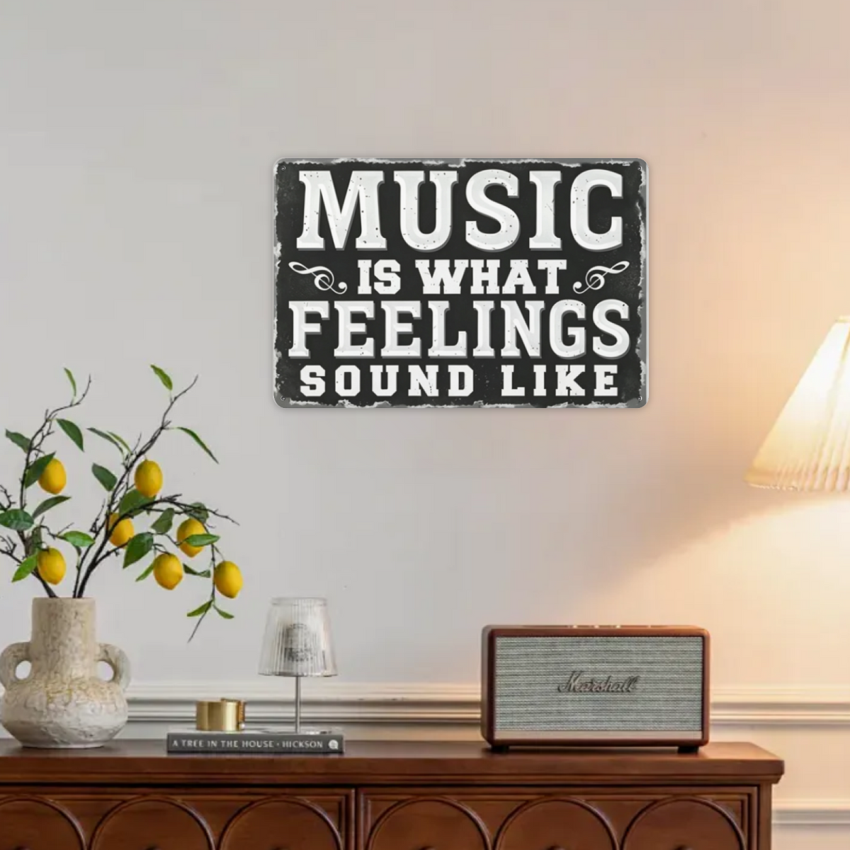 Music Is Feelings Quote Vintage Black Tin Wall Decor Sign
