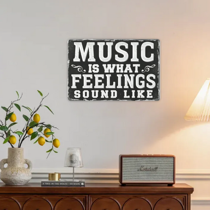 Music Is Feelings Quote Vintage Black Tin Wall Decor Sign