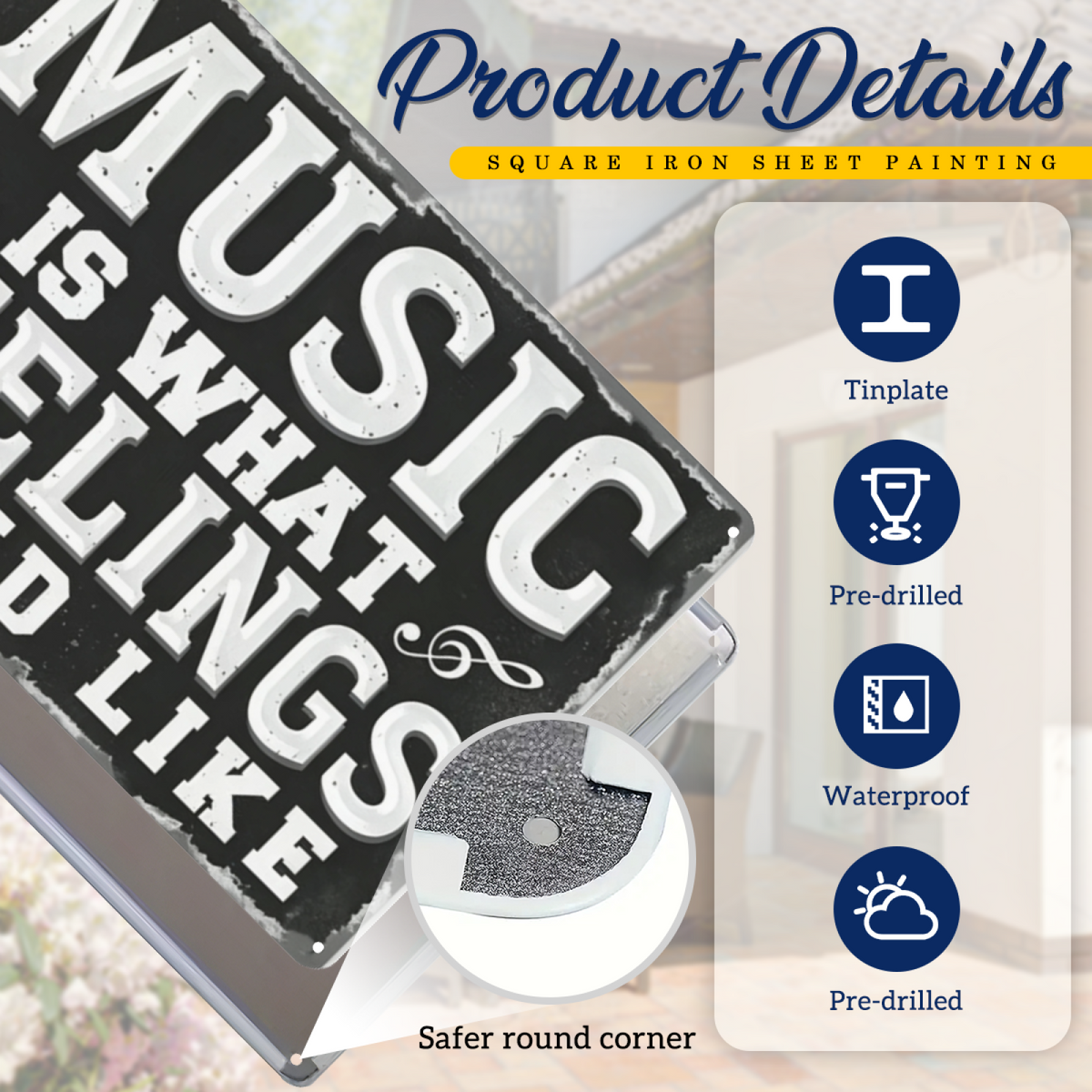 Music Is Feelings Quote Vintage Black Tin Wall Decor Sign