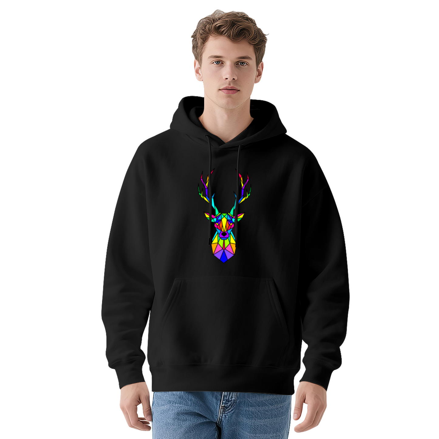 Rainbow Geometric Stag Colorful White Hoodie For All Genders, Soft Cozy Cut