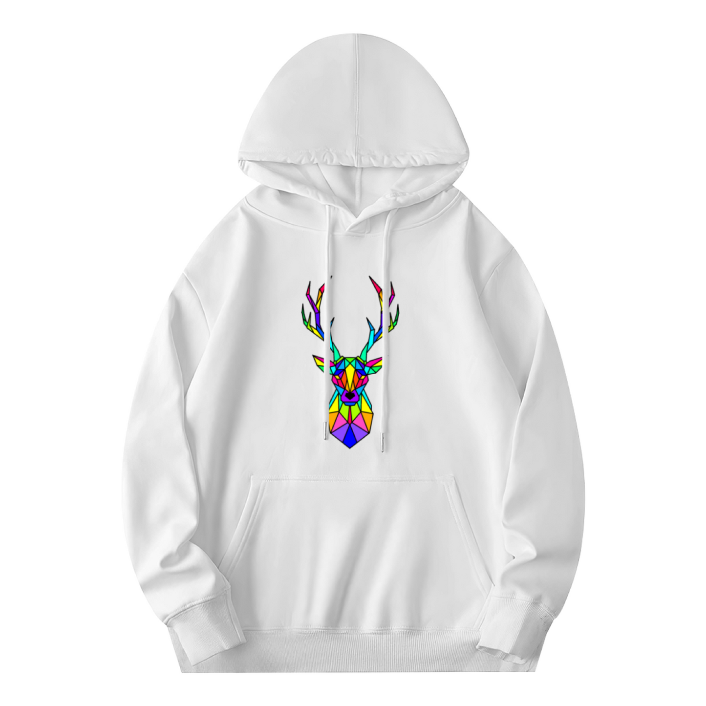 Rainbow Geometric Stag Colorful White Hoodie For All Genders, Soft Cozy Cut