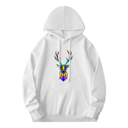 Rainbow Geometric Stag Colorful White Hoodie For All Genders, Soft Cozy Cut