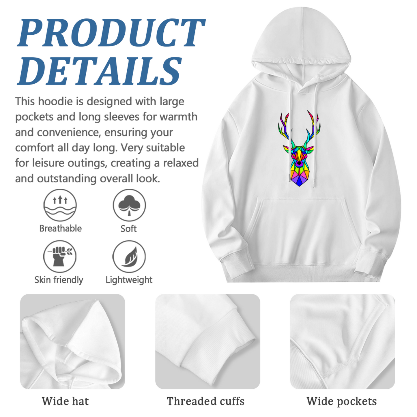 Rainbow Geometric Stag Colorful White Hoodie For All Genders, Soft Cozy Cut