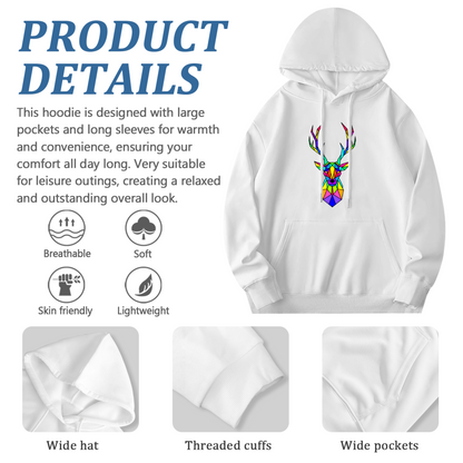 Rainbow Geometric Stag Colorful White Hoodie For All Genders, Soft Cozy Cut