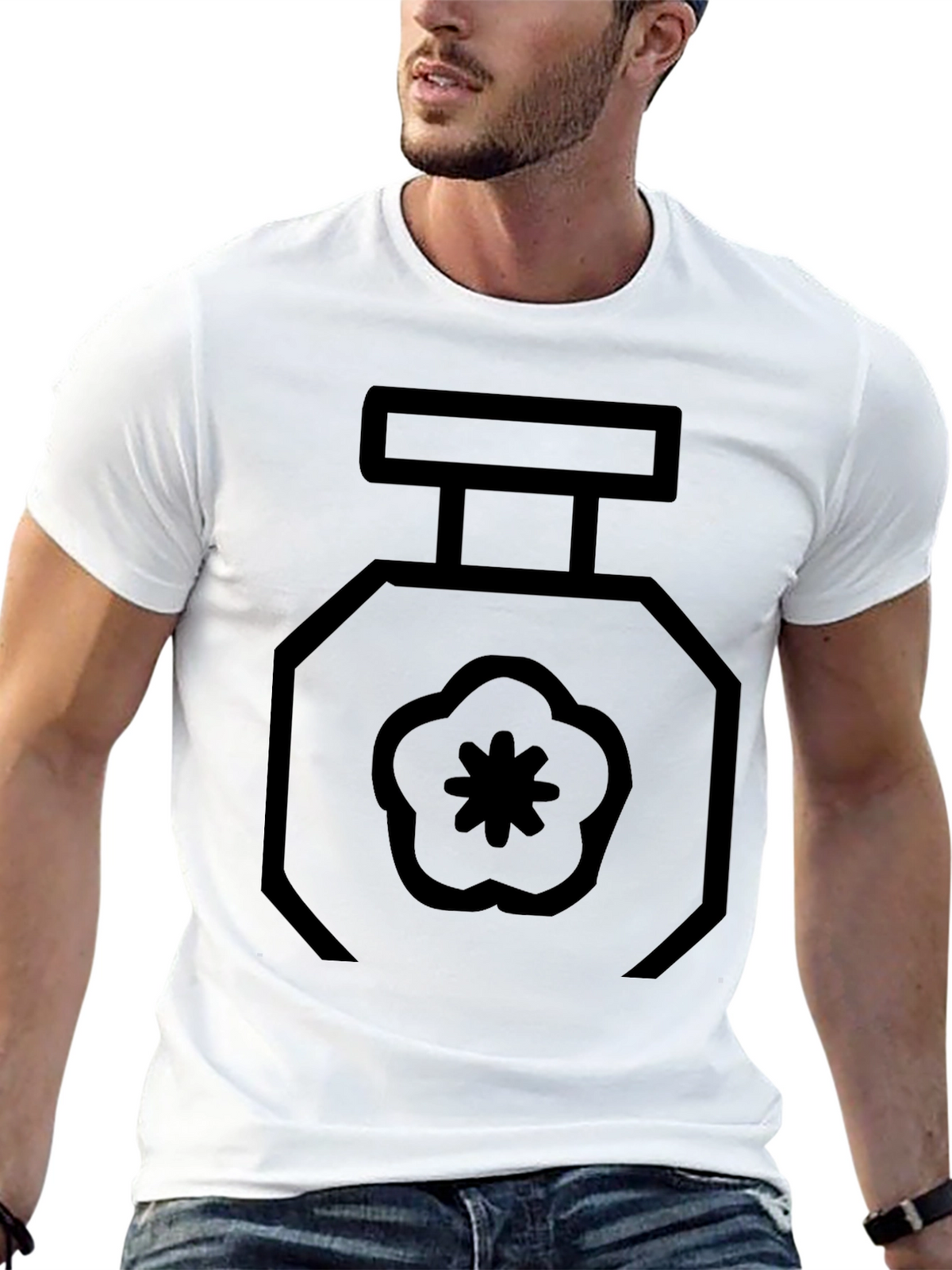 Black T-Shirt with Geometric Perfume Bottle Design