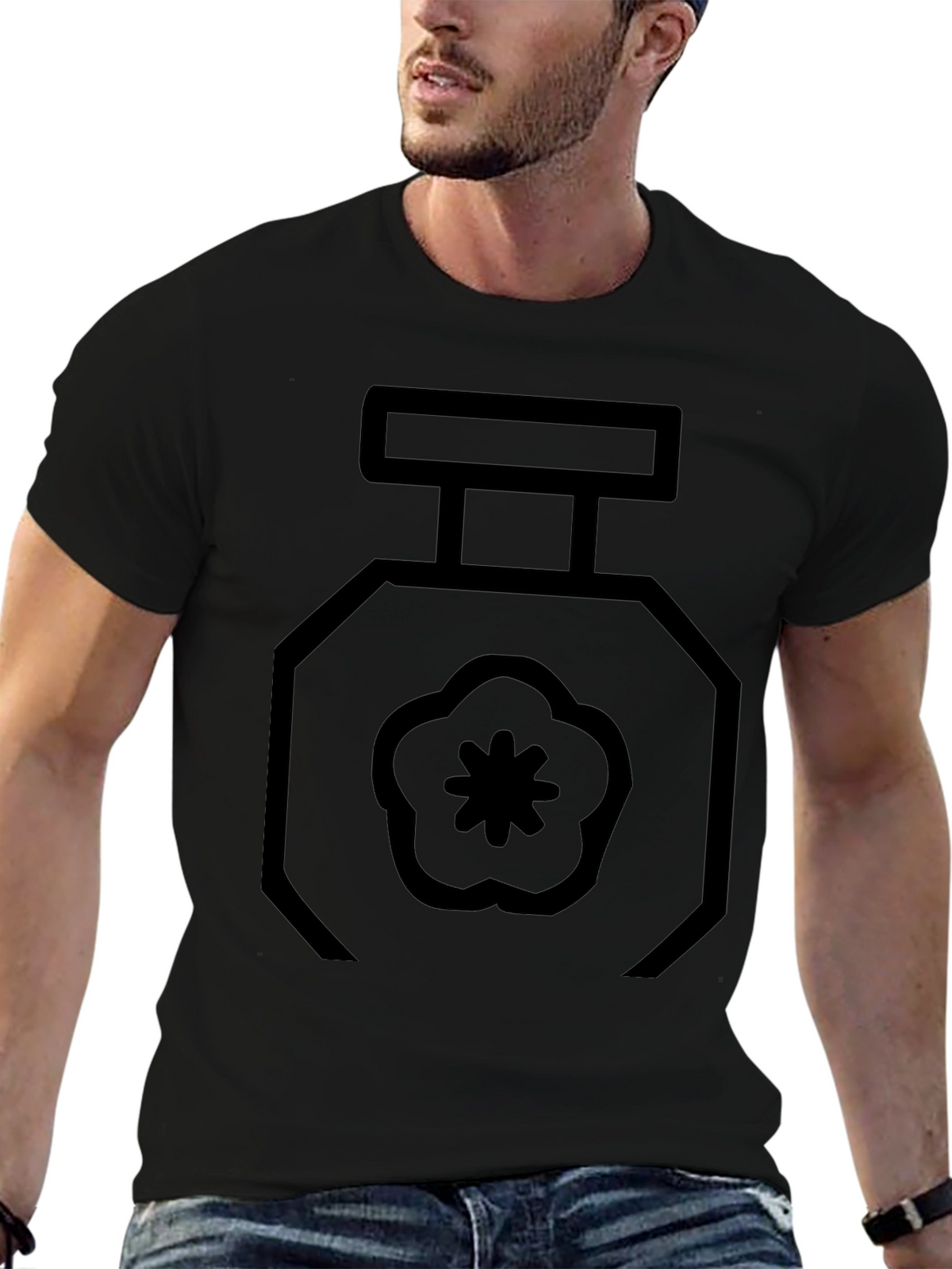 Black T-Shirt with Geometric Perfume Bottle Design