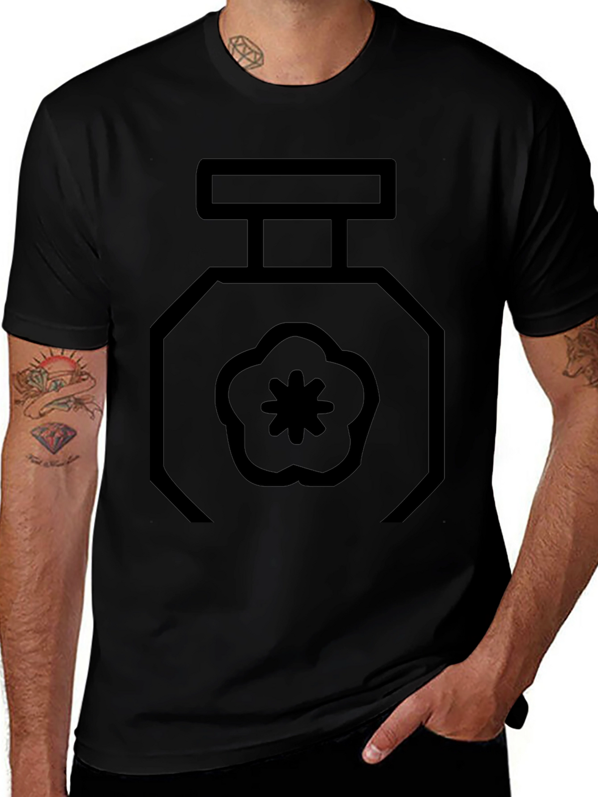 Black T-Shirt with Geometric Perfume Bottle Design