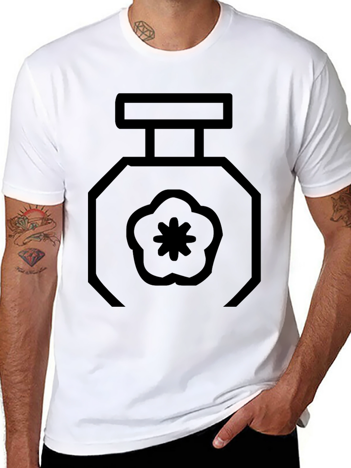 Black T-Shirt with Geometric Perfume Bottle Design