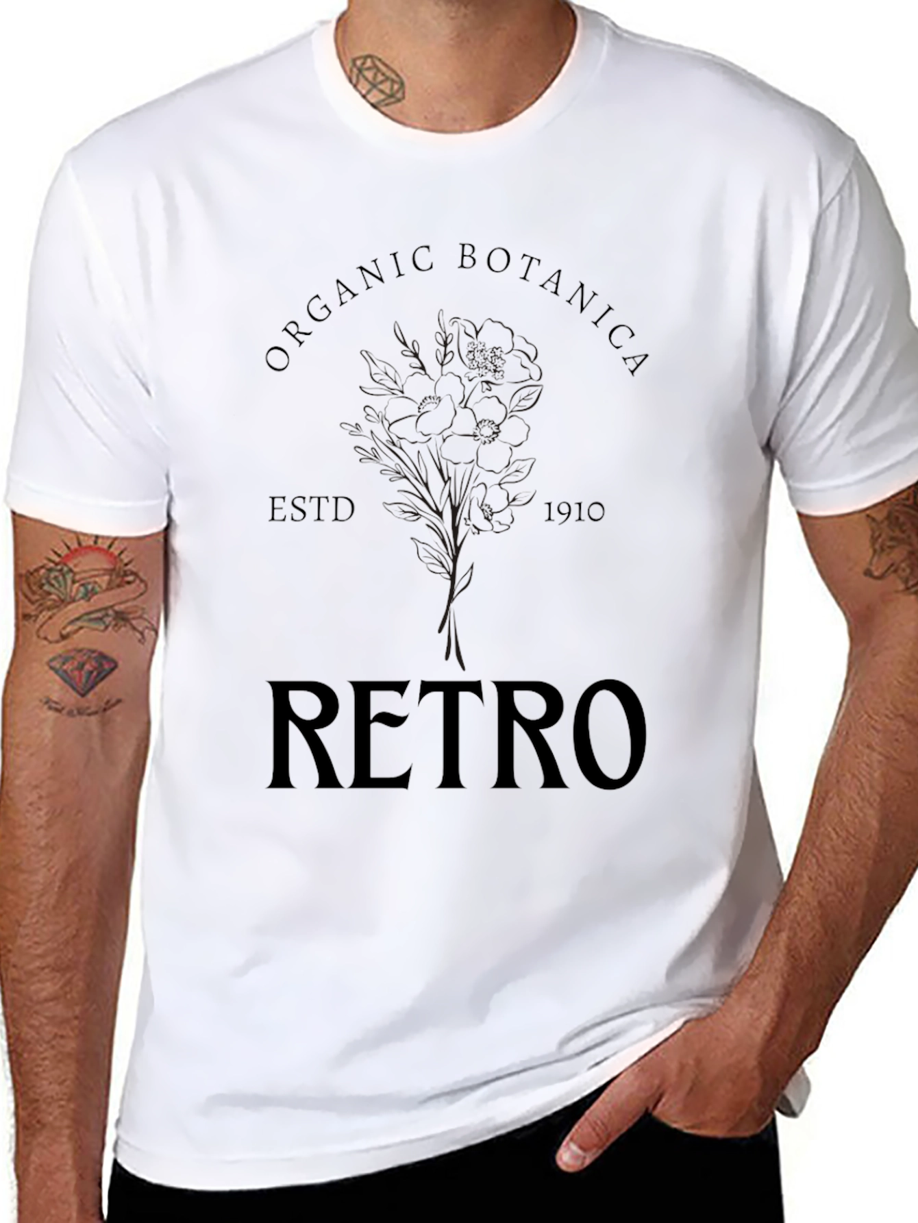 Organic Retro Botanical Black T-Shirt