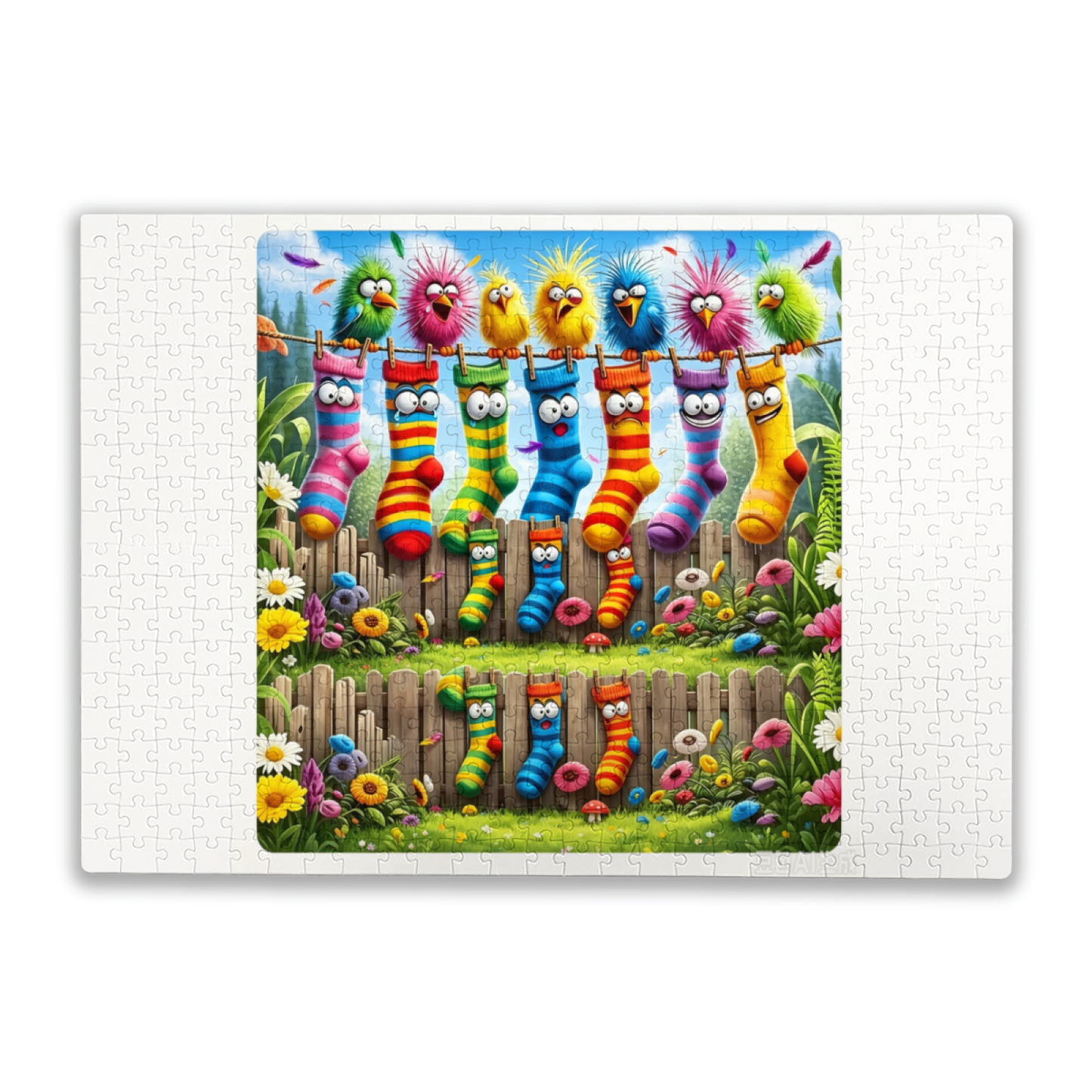 Whimsical Cartoon Birds Striped Socks Fence Floral Kids & Adult Puzzle