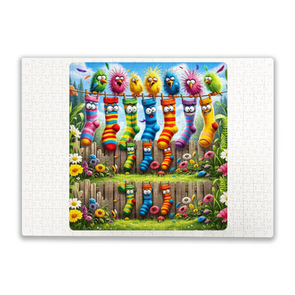 Whimsical Cartoon Birds Striped Socks Fence Floral Kids & Adult Puzzle