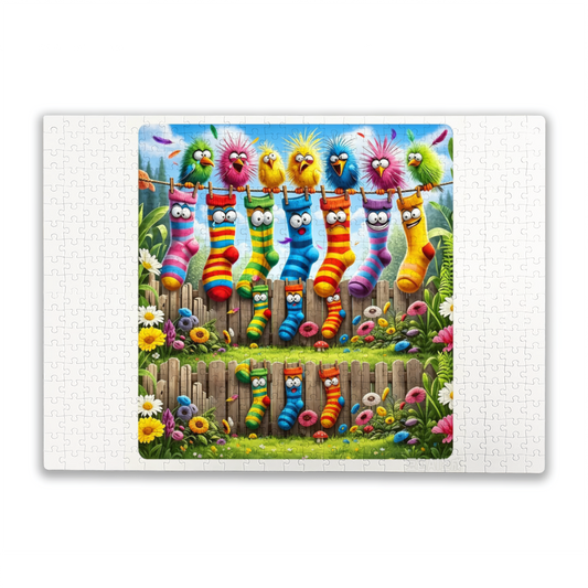 Whimsical Cartoon Birds Striped Socks Fence Floral Kids & Adult Puzzle