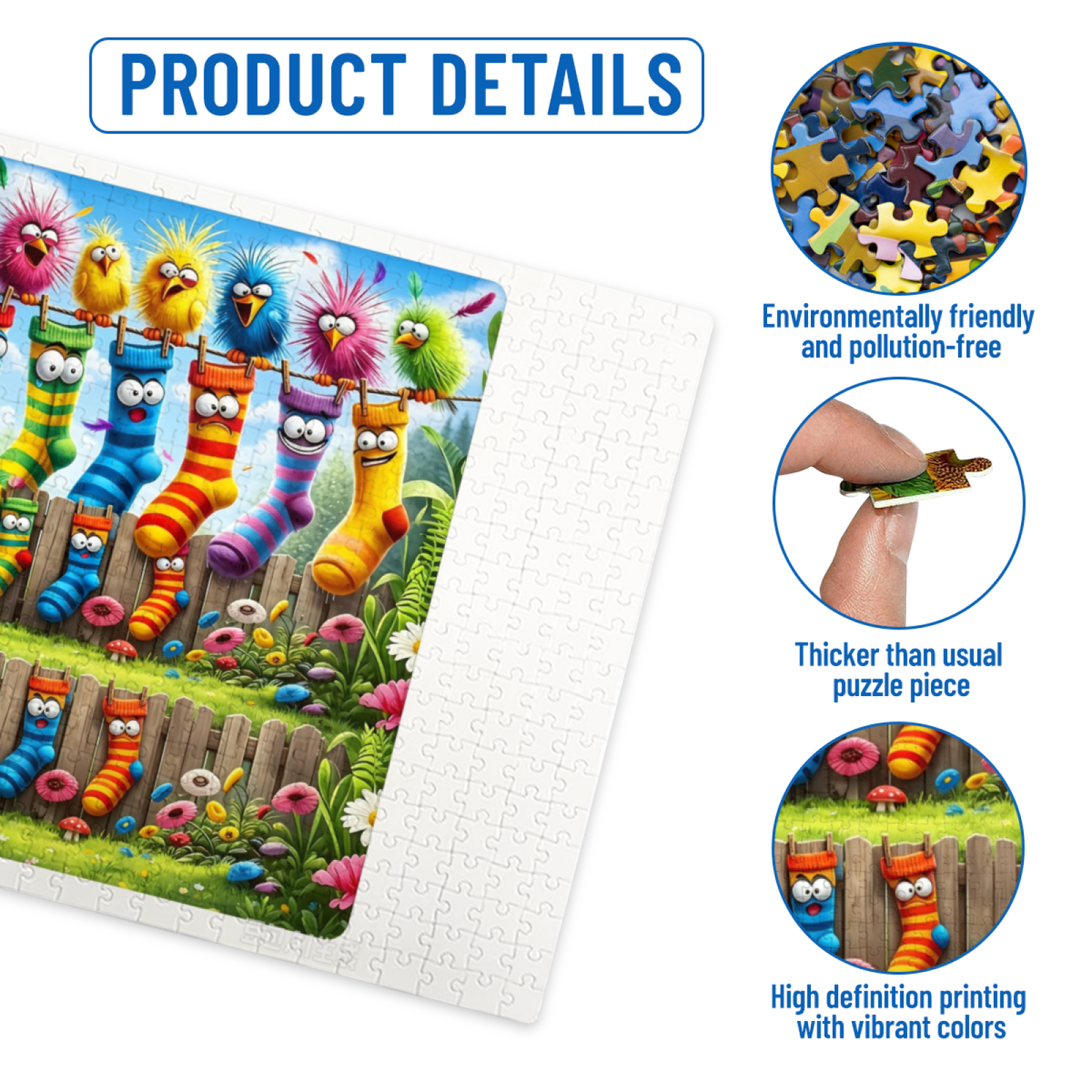 Whimsical Cartoon Birds Striped Socks Fence Floral Kids & Adult Puzzle