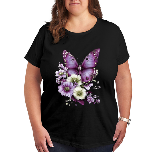 Large Purple Morpho Butterfly Multi-Tone Floral Art Print Plus Size Ladies Black Tee