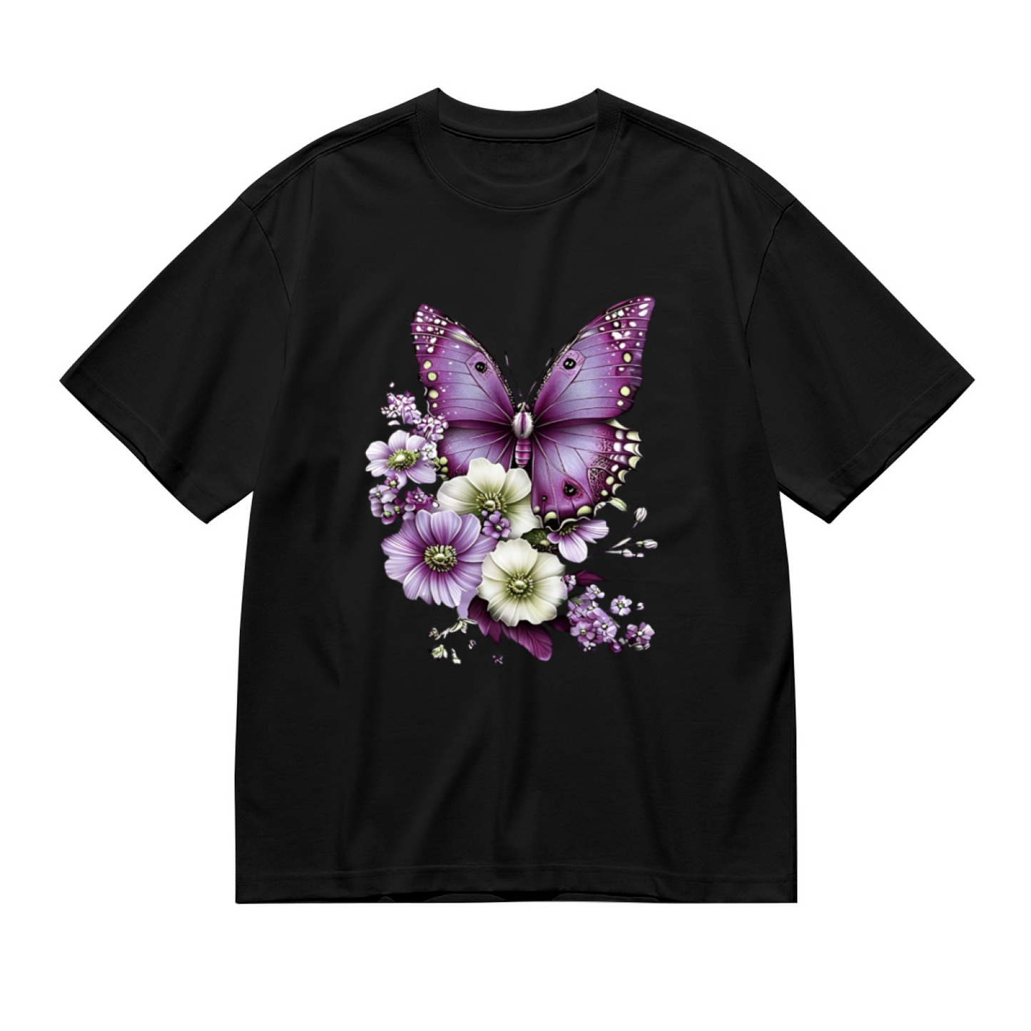 Large Purple Morpho Butterfly Multi-Tone Floral Art Print Plus Size Ladies Black Tee