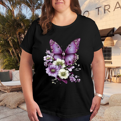 Large Purple Morpho Butterfly Multi-Tone Floral Art Print Plus Size Ladies Black Tee
