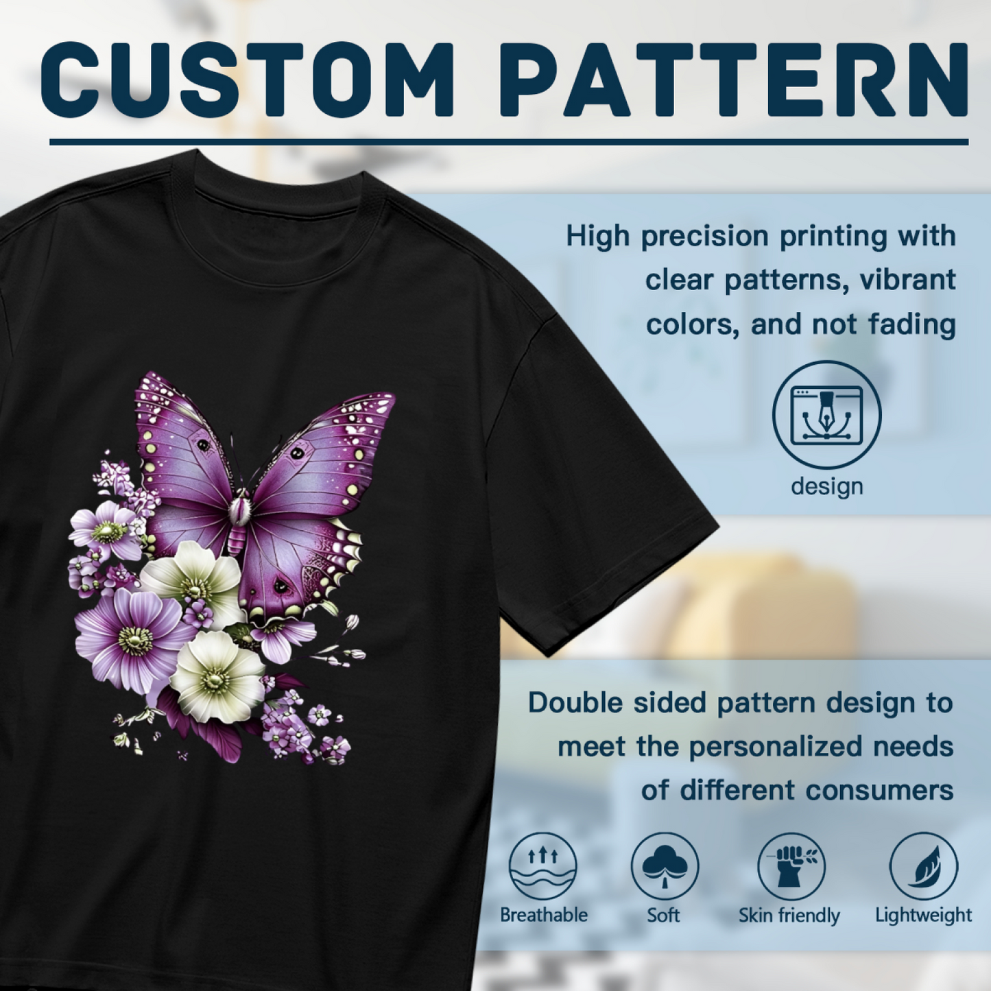 Large Purple Morpho Butterfly Multi-Tone Floral Art Print Plus Size Ladies Black Tee