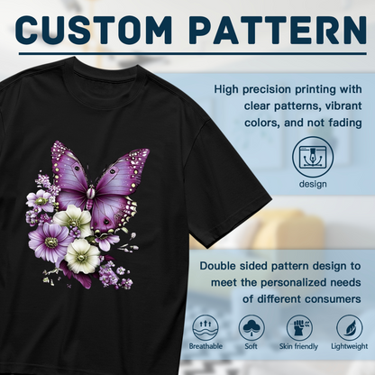 Large Purple Morpho Butterfly Multi-Tone Floral Art Print Plus Size Ladies Black Tee