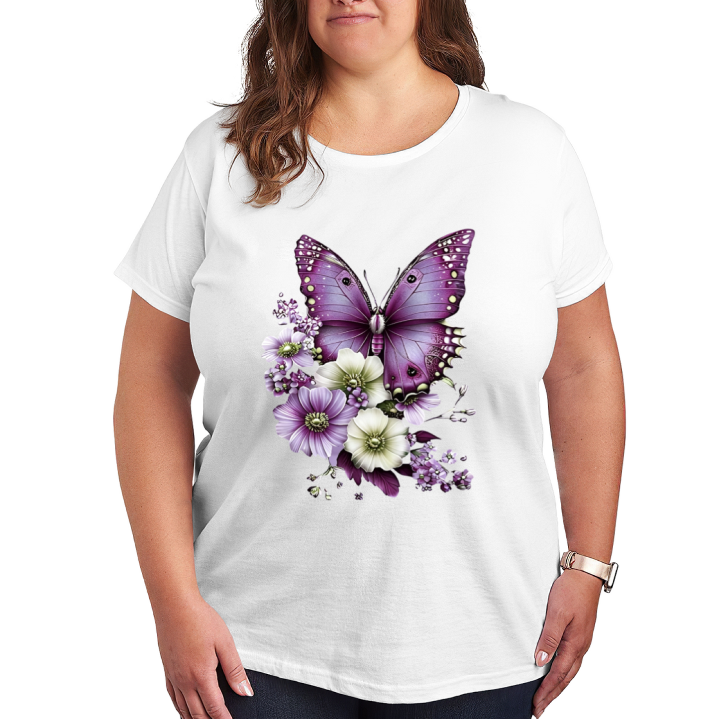 Large Purple Morpho Butterfly Multi-Tone Floral Art Print Plus Size Ladies Black Tee