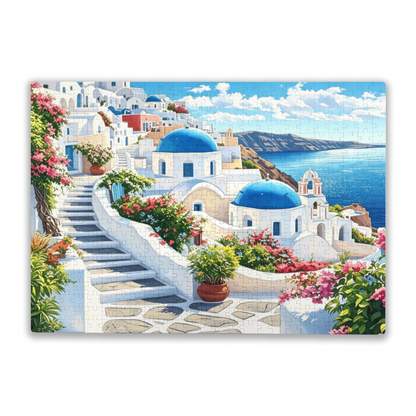 Santorini Blue Dome White House Aegean Sea Jigsaw Puzzle | Greek Island Summer Vacation Puzzle 300/500/1000 Pieces