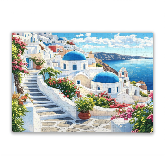 Santorini Blue Dome White House Aegean Sea Jigsaw Puzzle | Greek Island Summer Vacation Puzzle 300/500/1000 Pieces