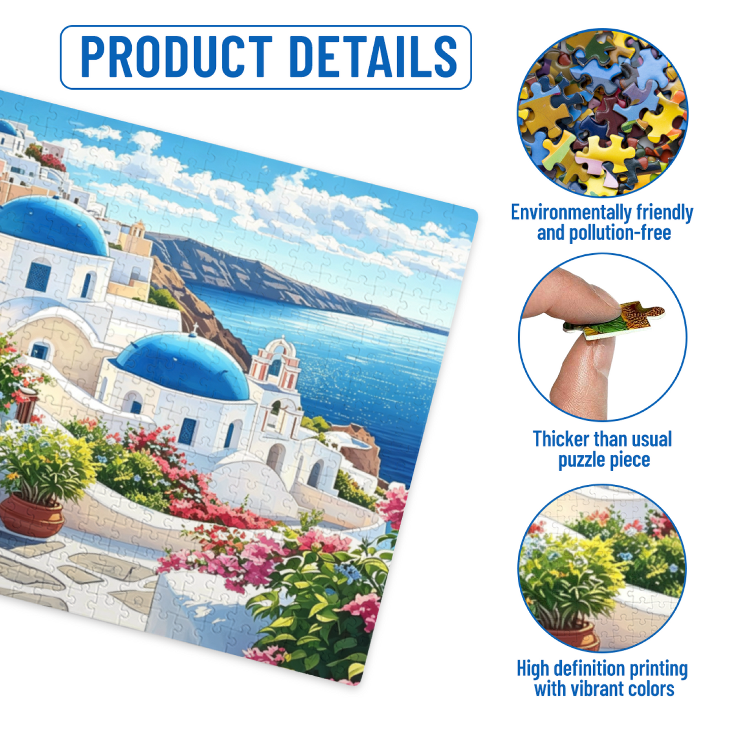 Santorini Blue Dome White House Aegean Sea Jigsaw Puzzle | Greek Island Summer Vacation Puzzle 300/500/1000 Pieces