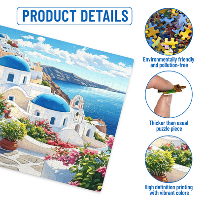 Santorini Blue Dome White House Aegean Sea Jigsaw Puzzle | Greek Island Summer Vacation Puzzle 300/500/1000 Pieces