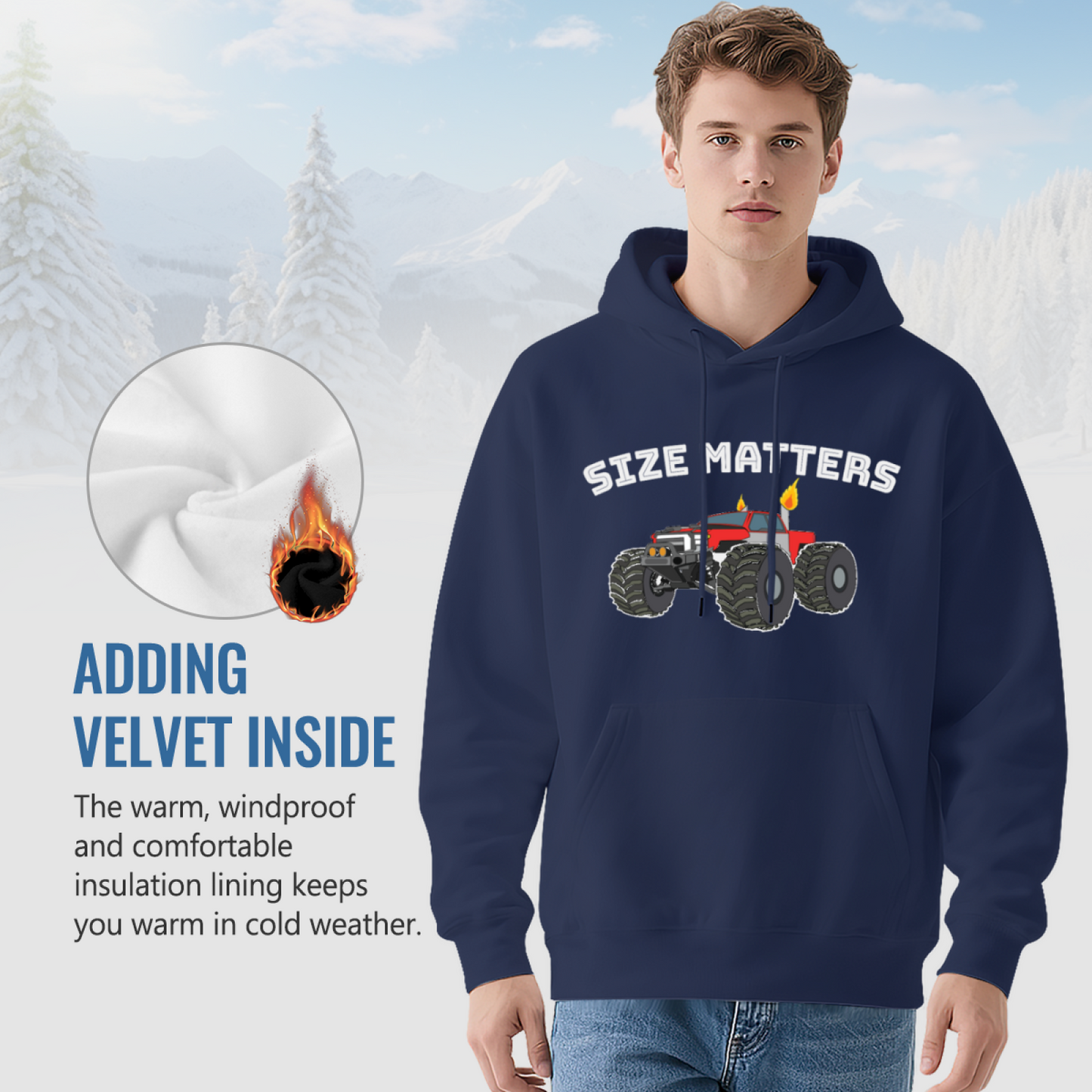 Size Matters Monster Off-Road Truck Graphic Hoodie, Mens Cozy Outdoor Pullover