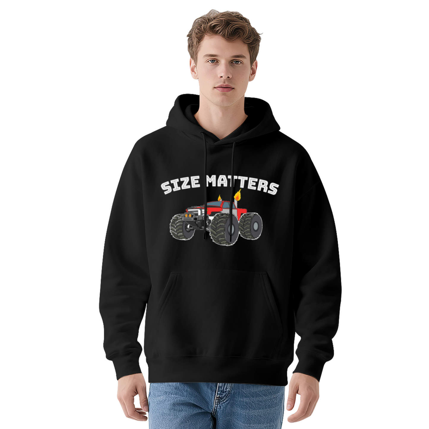 Size Matters Monster Off-Road Truck Graphic Hoodie, Mens Cozy Outdoor Pullover