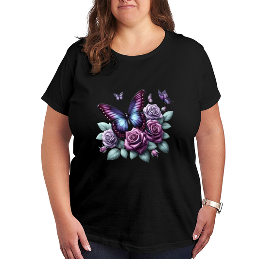 Dreamy Purple Blue Morpho Butterfly & Lavender Roses Print Plus Size Women T-Shirt