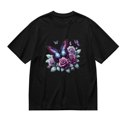 Dreamy Purple Blue Morpho Butterfly & Lavender Roses Print Plus Size Women T-Shirt