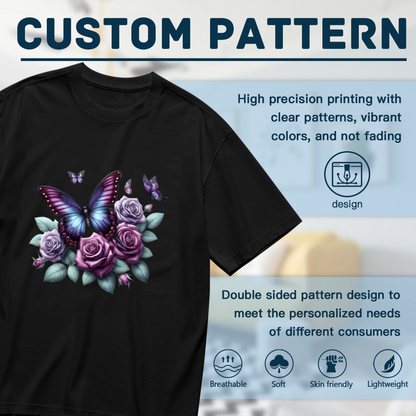 Dreamy Purple Blue Morpho Butterfly & Lavender Roses Print Plus Size Women T-Shirt
