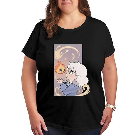 Cute Anime Girl & Fire Spirit Cartoon Art Plus Size Women¡¯s Printed T-Shirt