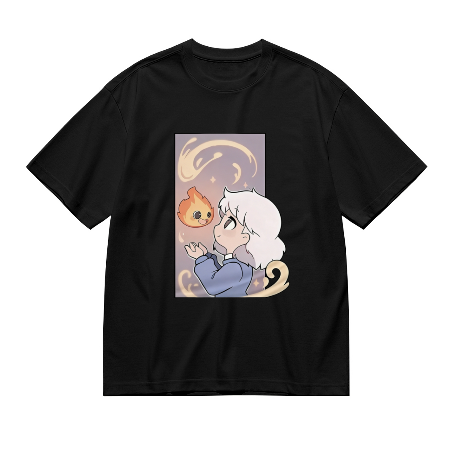 Cute Anime Girl & Fire Spirit Cartoon Art Plus Size Women¡¯s Printed T-Shirt