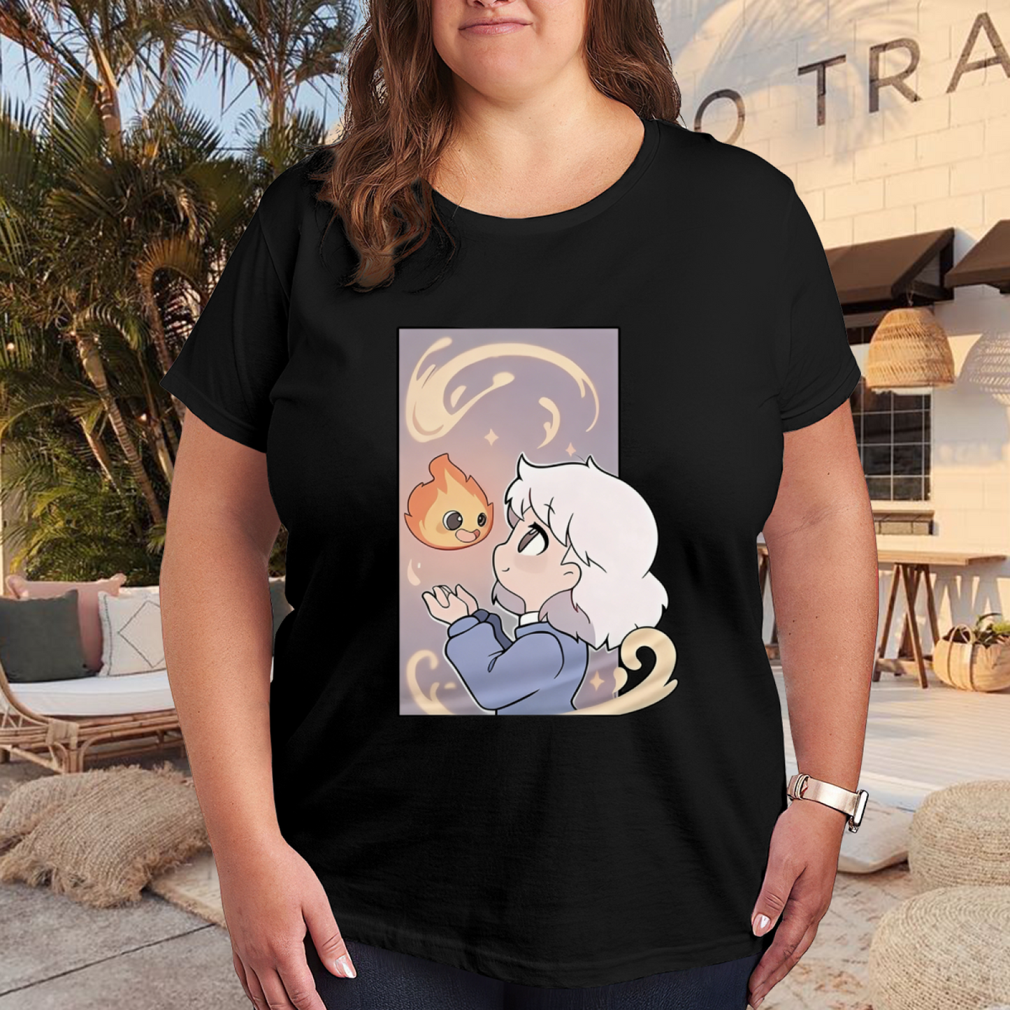 Cute Anime Girl & Fire Spirit Cartoon Art Plus Size Women¡¯s Printed T-Shirt