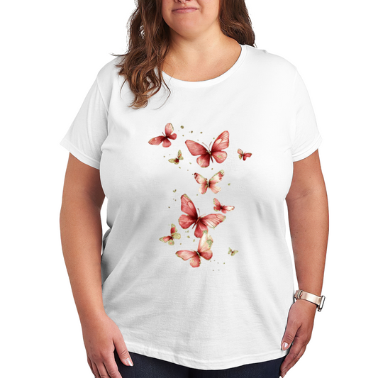 Soft Pink Red Watercolor Butterfly Art Plus Size Women¡¯s Printed T-Shirt
