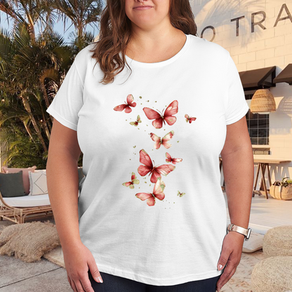 Soft Pink Red Watercolor Butterfly Art Plus Size Women¡¯s Printed T-Shirt