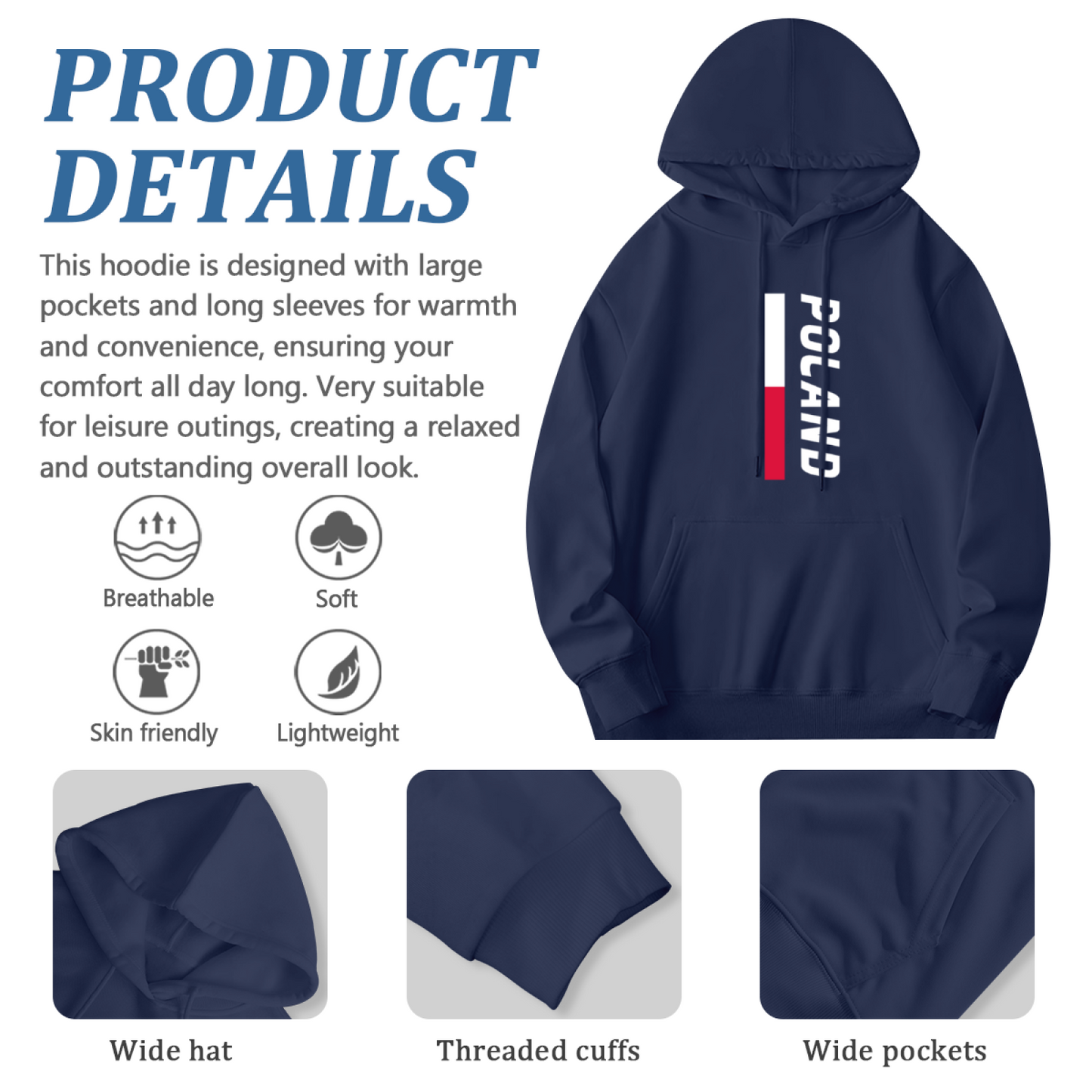 Vertical Poland Flag Patriotic Navy Hoodie