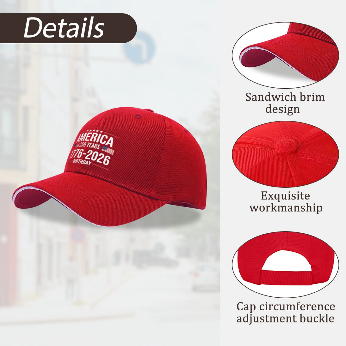 America 250 Years 1776-2026 Red Sandwich Brim Baseball Cap Patriotic Hat