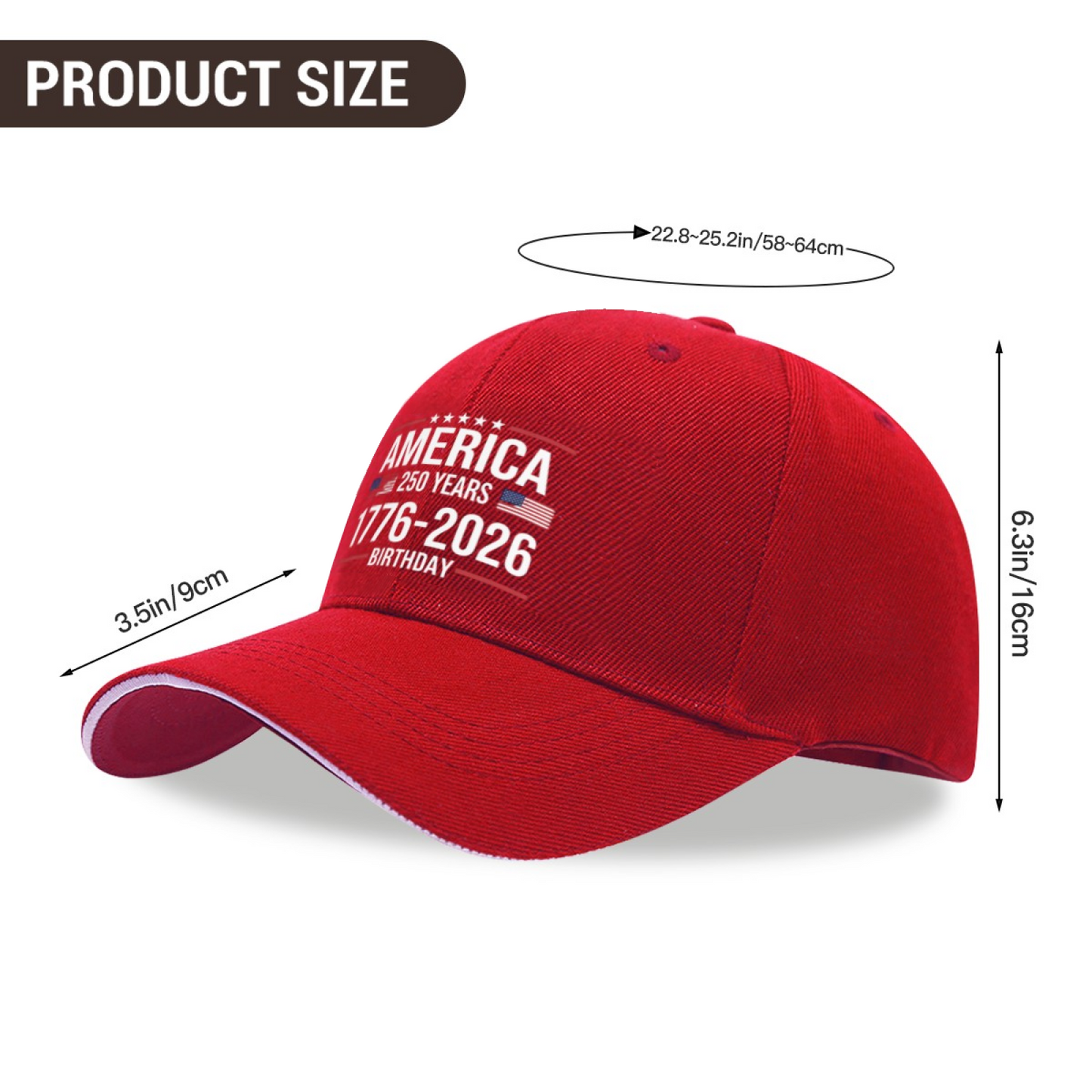 America 250 Years 1776-2026 Red Sandwich Brim Baseball Cap Patriotic Hat