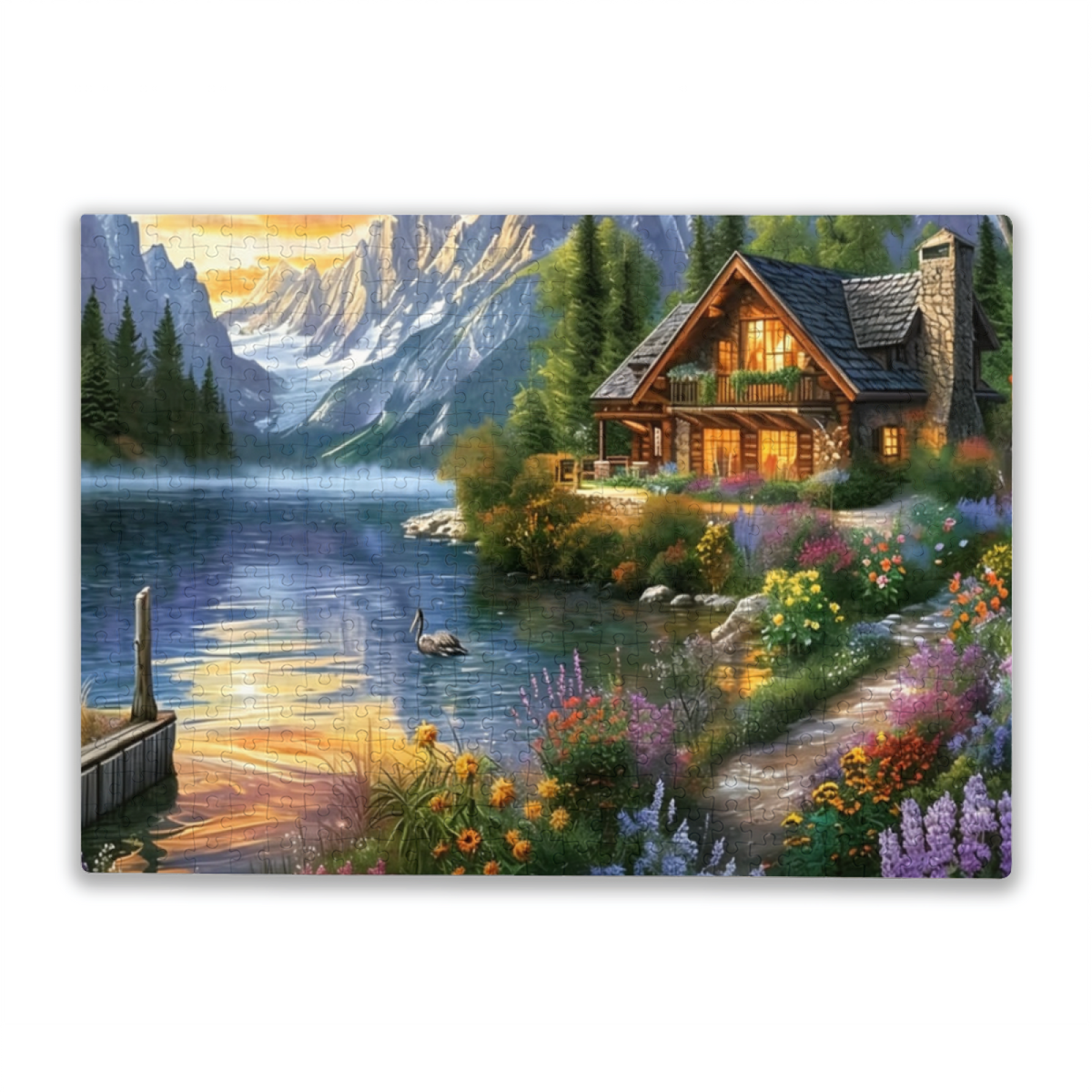 Mountain Lake Log Cabin Golden Hour Scenic Jigsaw Puzzle