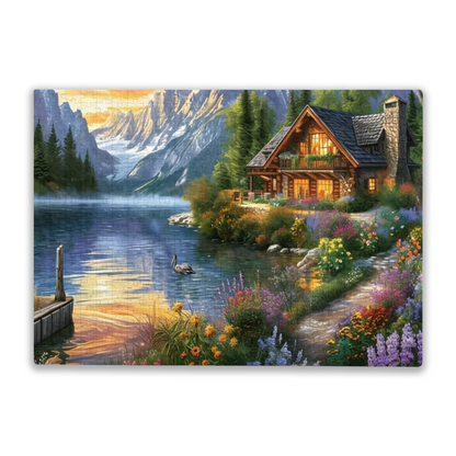 Mountain Lake Log Cabin Golden Hour Scenic Jigsaw Puzzle