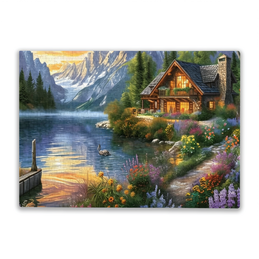 Mountain Lake Log Cabin Golden Hour Scenic Jigsaw Puzzle