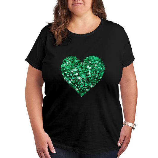 Sparkly Green Glitter Heart Black Base Plus Size Women Printed T-Shirt