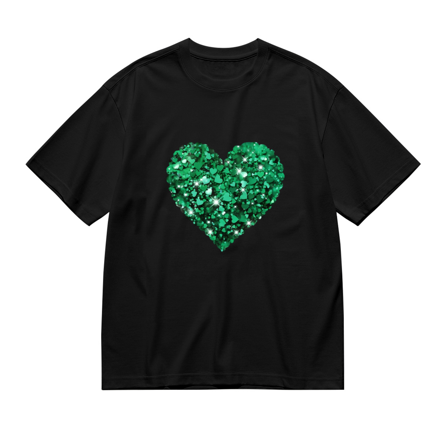Sparkly Green Glitter Heart Black Base Plus Size Women Printed T-Shirt