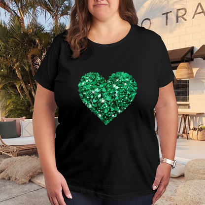 Sparkly Green Glitter Heart Black Base Plus Size Women Printed T-Shirt